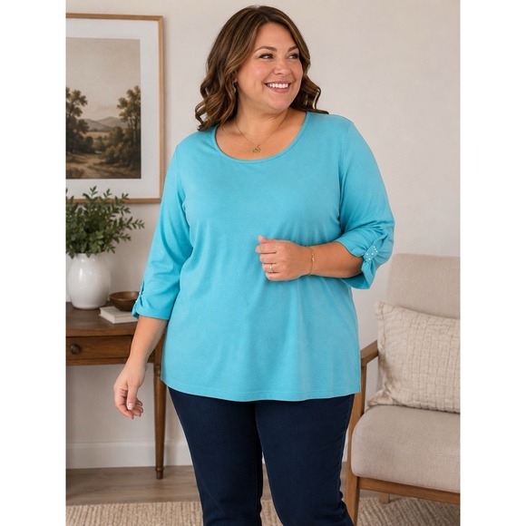 Quacker Factory Tops - Quacker Factory Women 2X Turquoise Blue 3/4 Sleeve Top Pearl Bow Cuffs Cotton